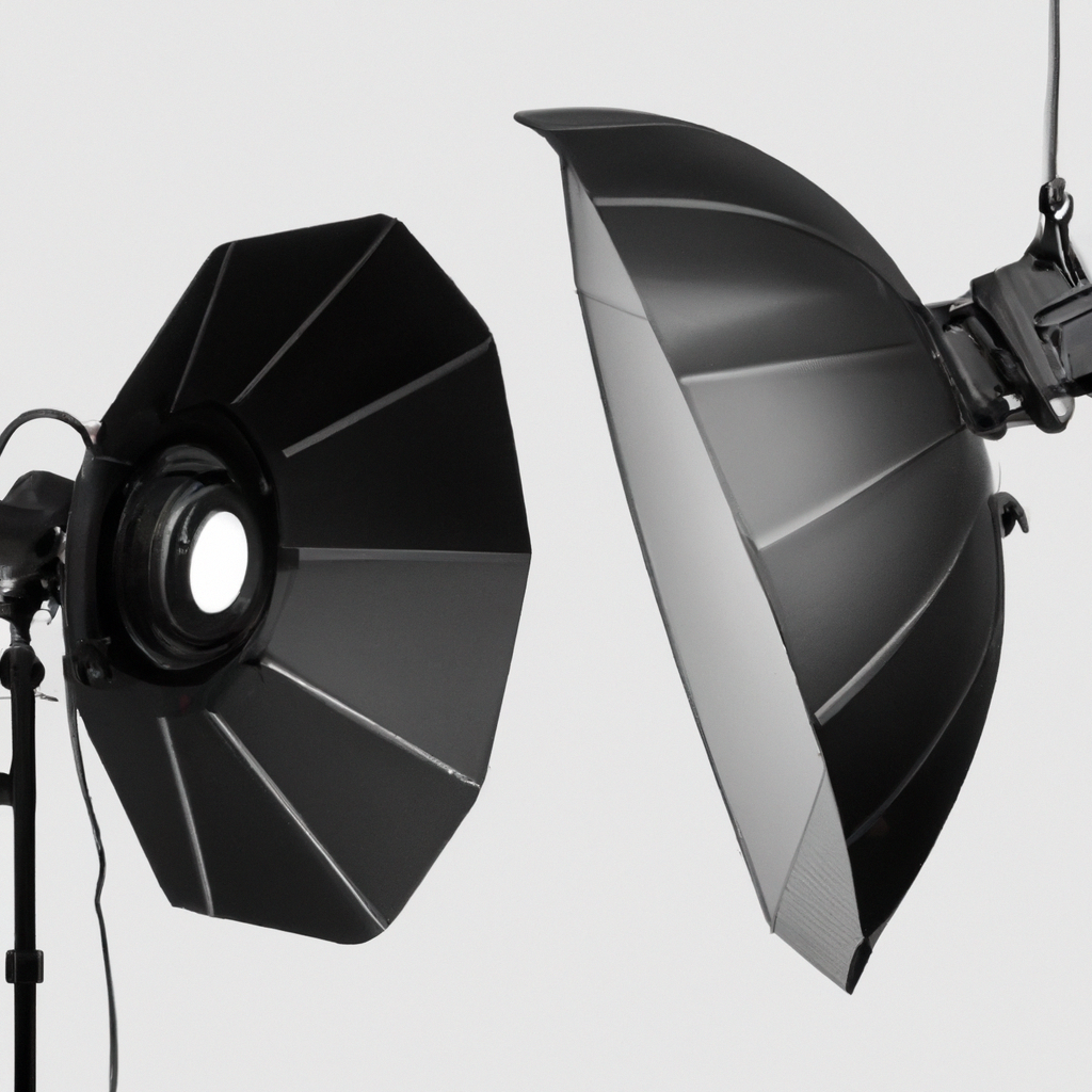 Wall with lighting modifiers: grids, softboxes, beauty dish, v-flats and C-stands