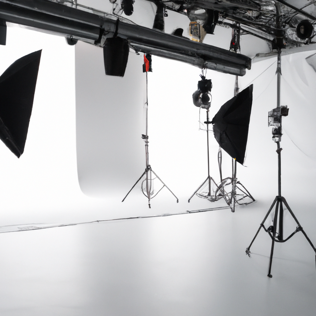 Studio rental space with white cyclorama, C-stands, and light modifiers